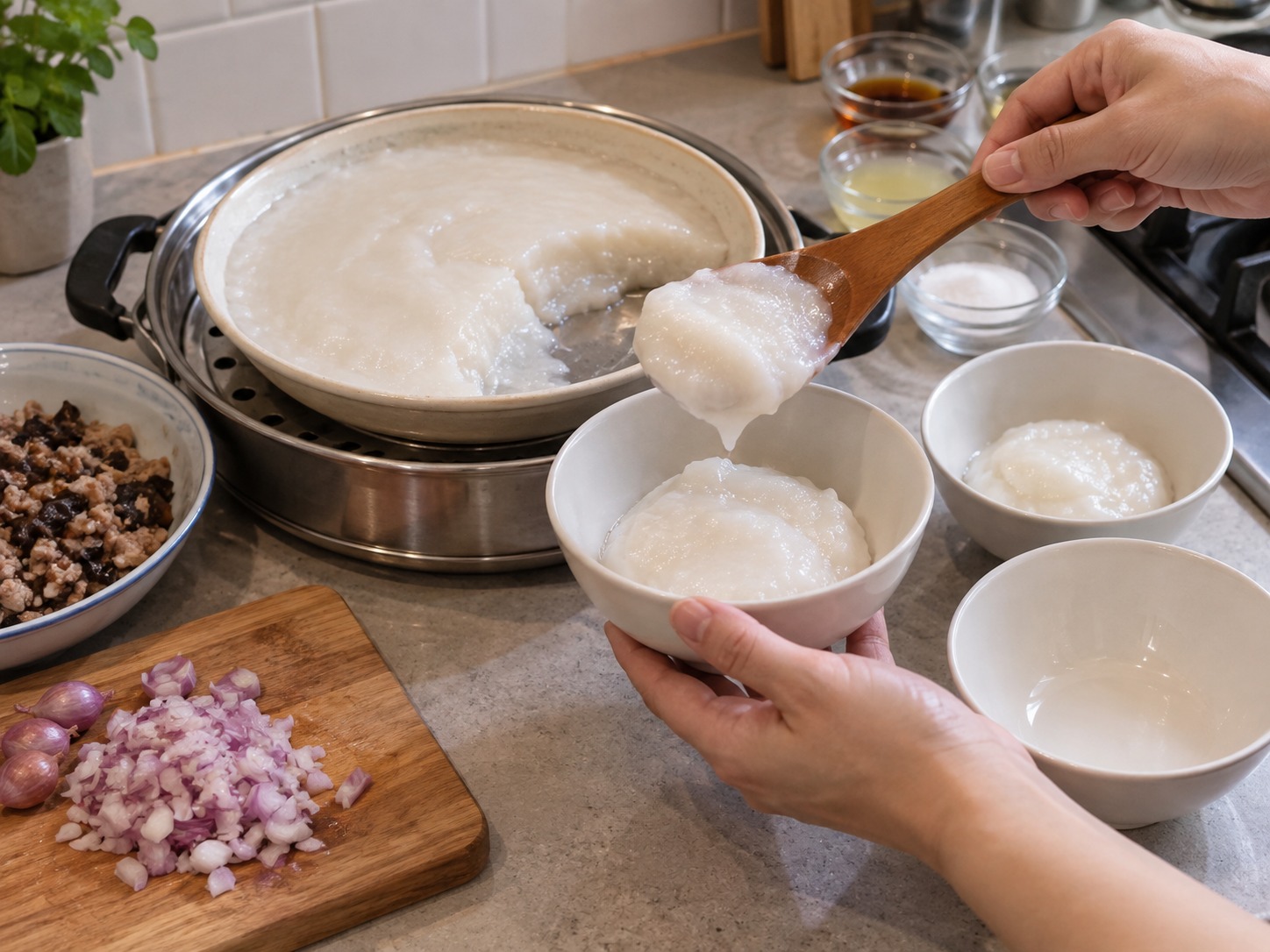 Vietnamese Banh Duc Man — Rest the rice cake five minutes and spoon it into bowls