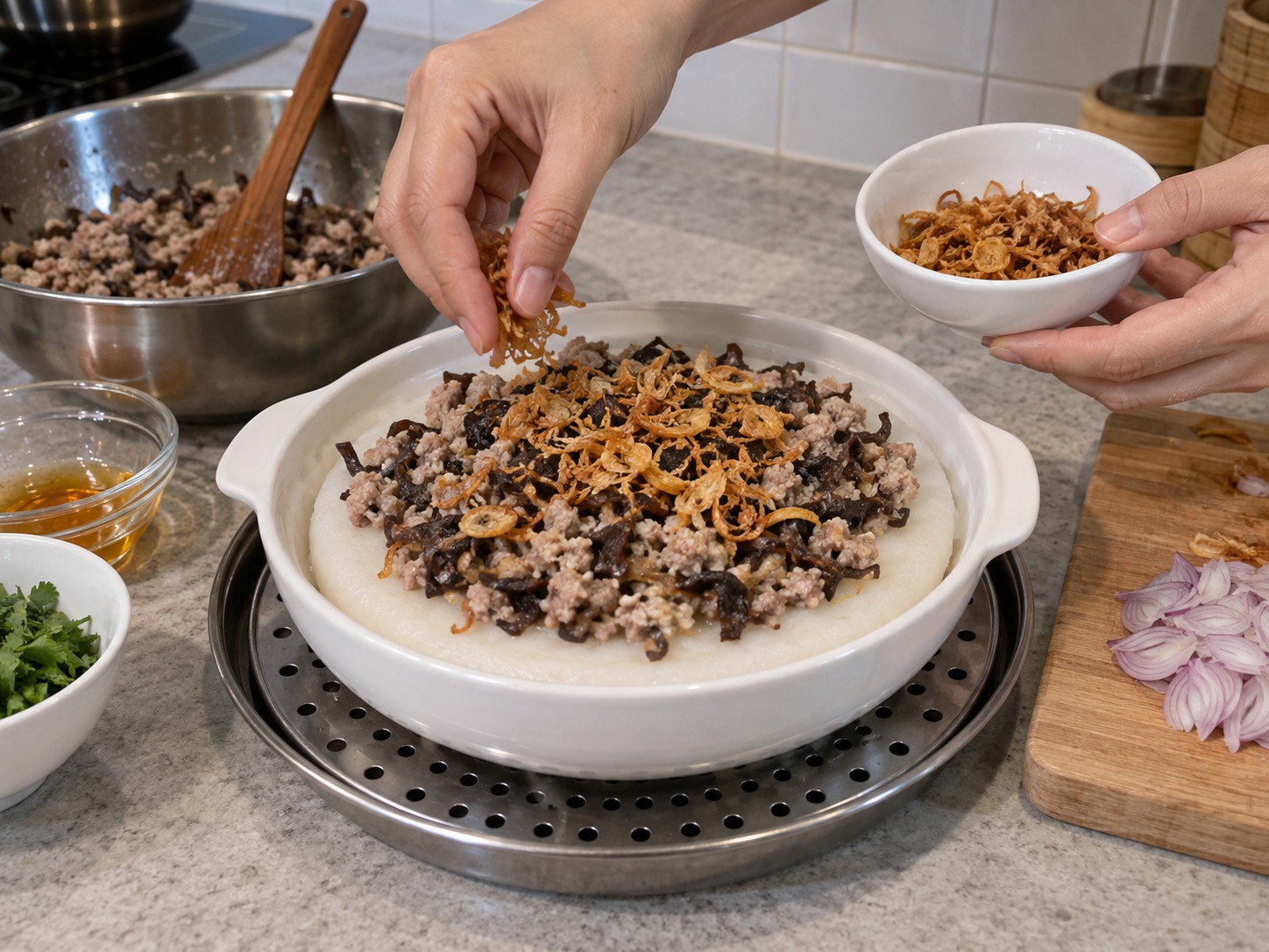 Vietnamese Banh Duc Man — Top with pork and wood ear plus fried shallot