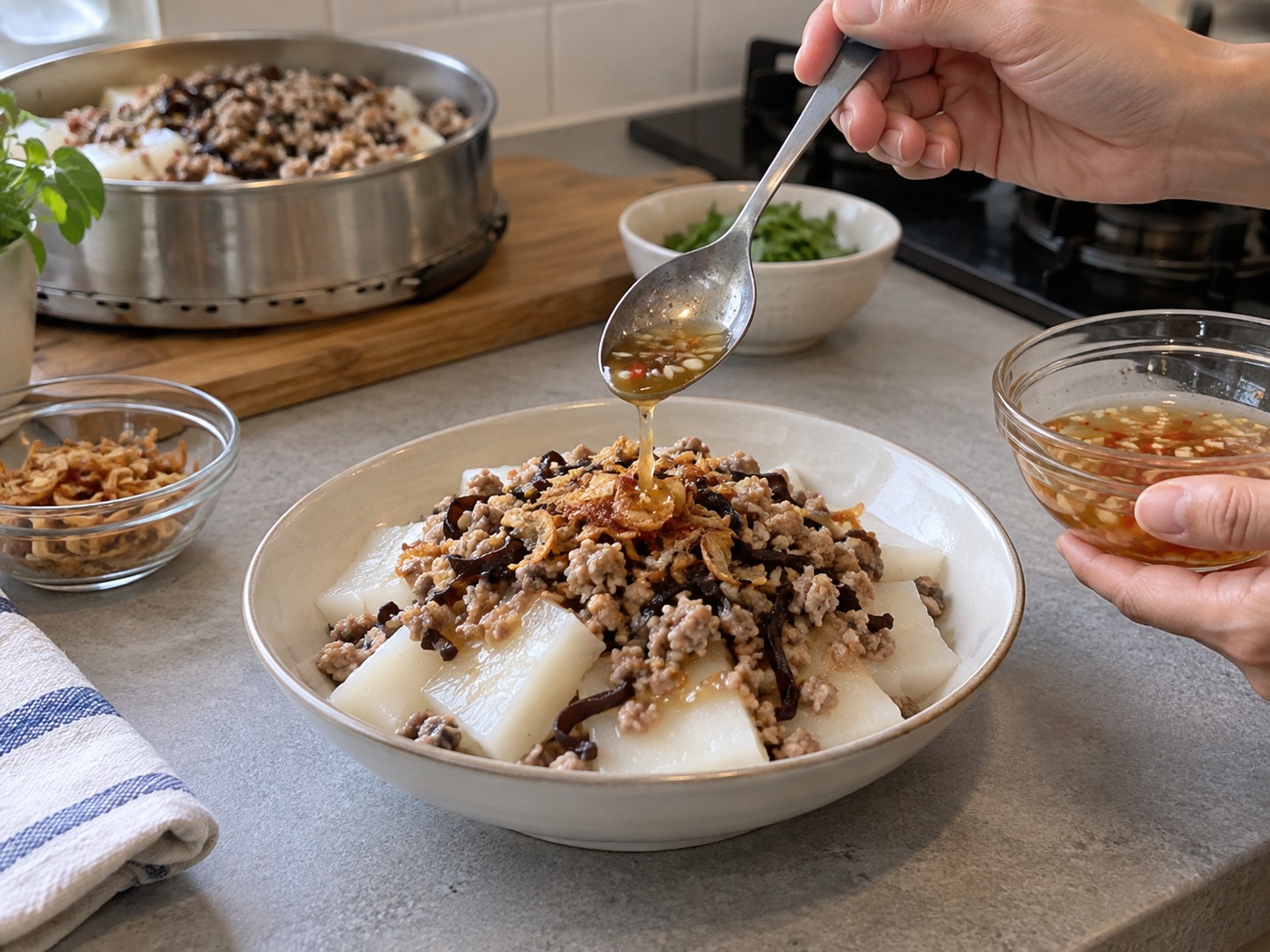 Vietnamese Banh Duc Man — Spoon over a little dressing and serve warm
