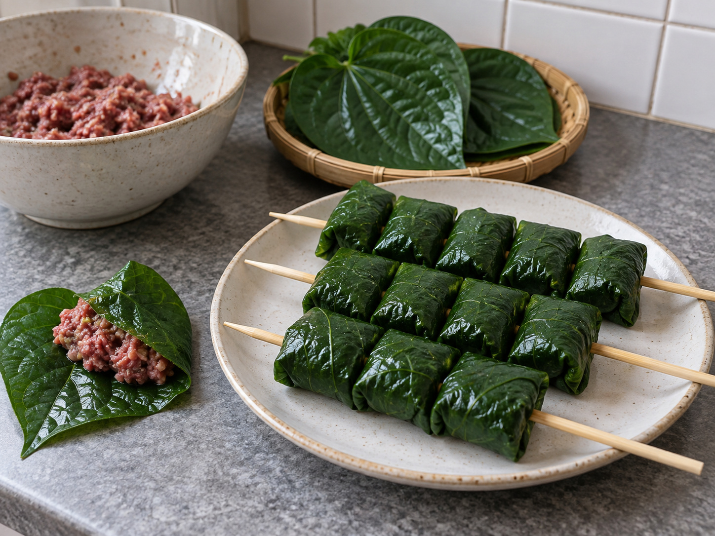 越式蒟葉包牛肉 — 6. 把葉片捲緊包住牛肉，數卷穿在一支竹籤上。