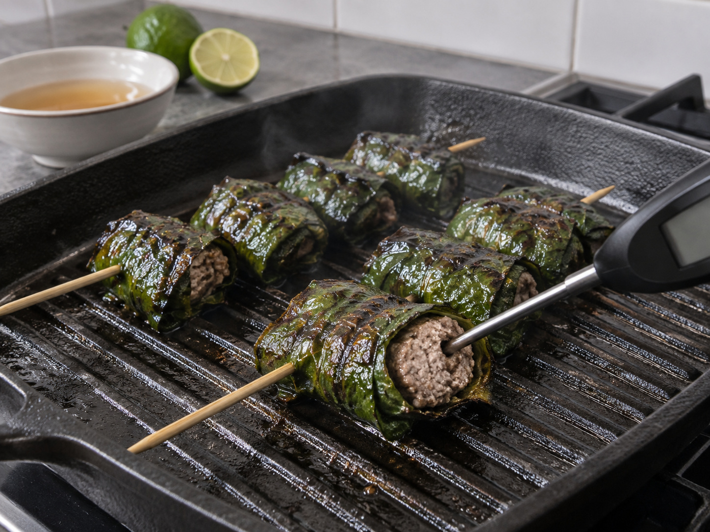 越式蒟葉包牛肉 — 11. 確認最厚牛肉卷中心達71°C。