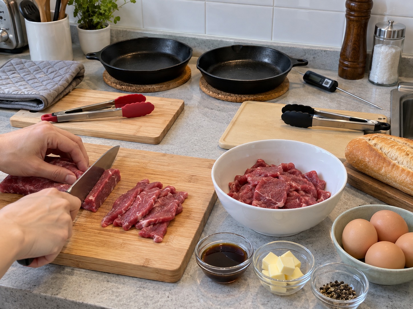 越南家常鐵板牛肉煎蛋 Bò Né — 牛柳逆紋切薄片、抹乾,生熟食砧板和食物鉗分開使用