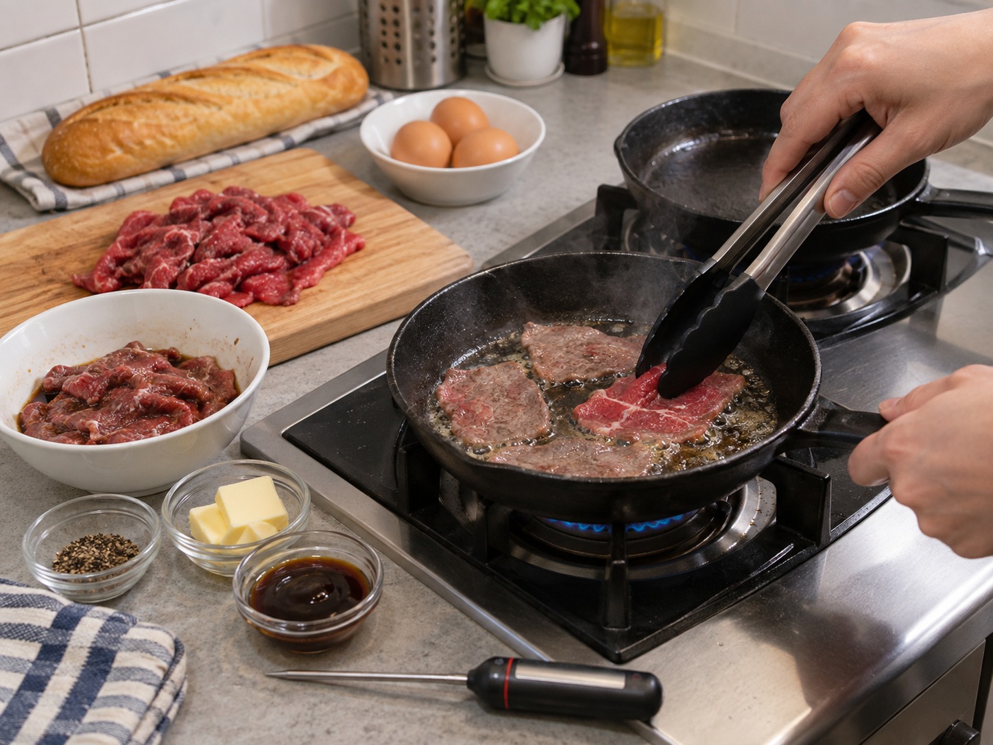 越南家常鐵板牛肉煎蛋 Bò Né — 每批牛肉薄鋪鐵板,第一面煎三十至四十五秒