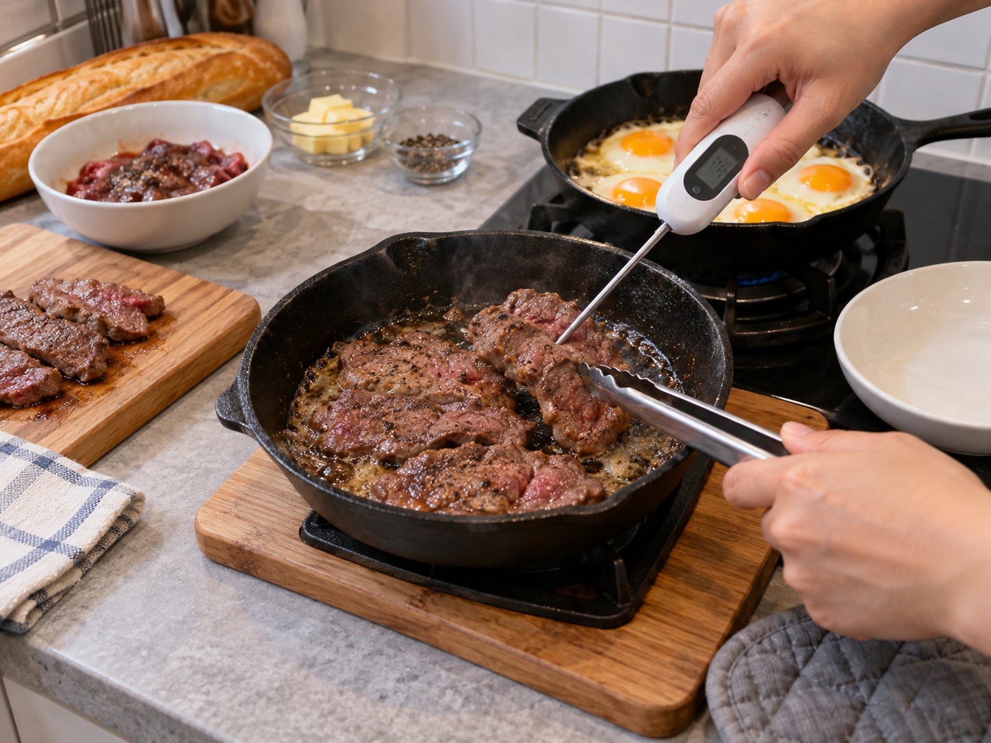 越南家常鐵板牛肉煎蛋 Bò Né — 翻面煎至牛肉中心至少六十三度,移到一側並靜置三分鐘