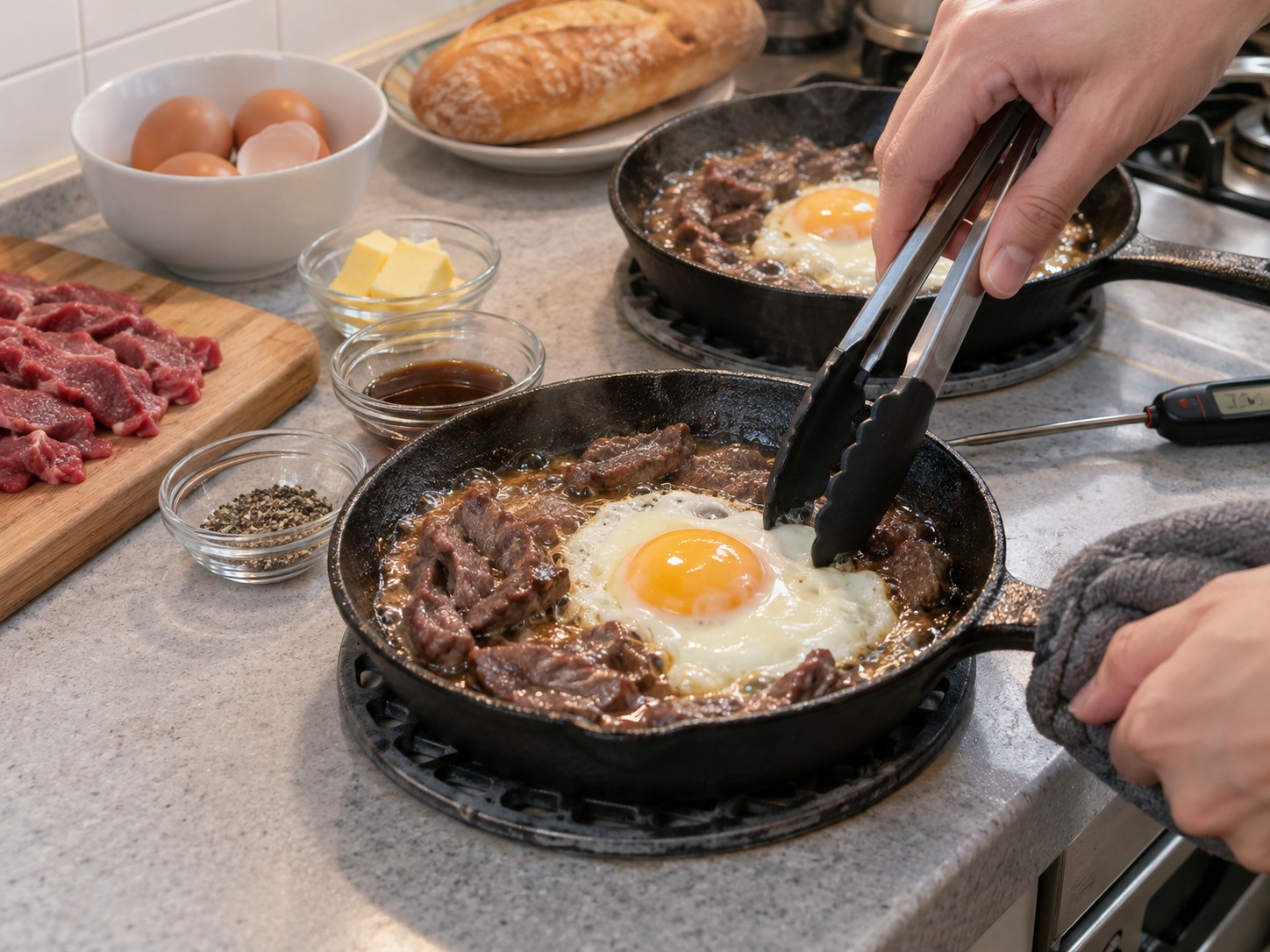 越南家常鐵板牛肉煎蛋 Bò Né — 調低火力煎至蛋白完全凝固;非巴士德蛋必須連蛋黃煮至全熟