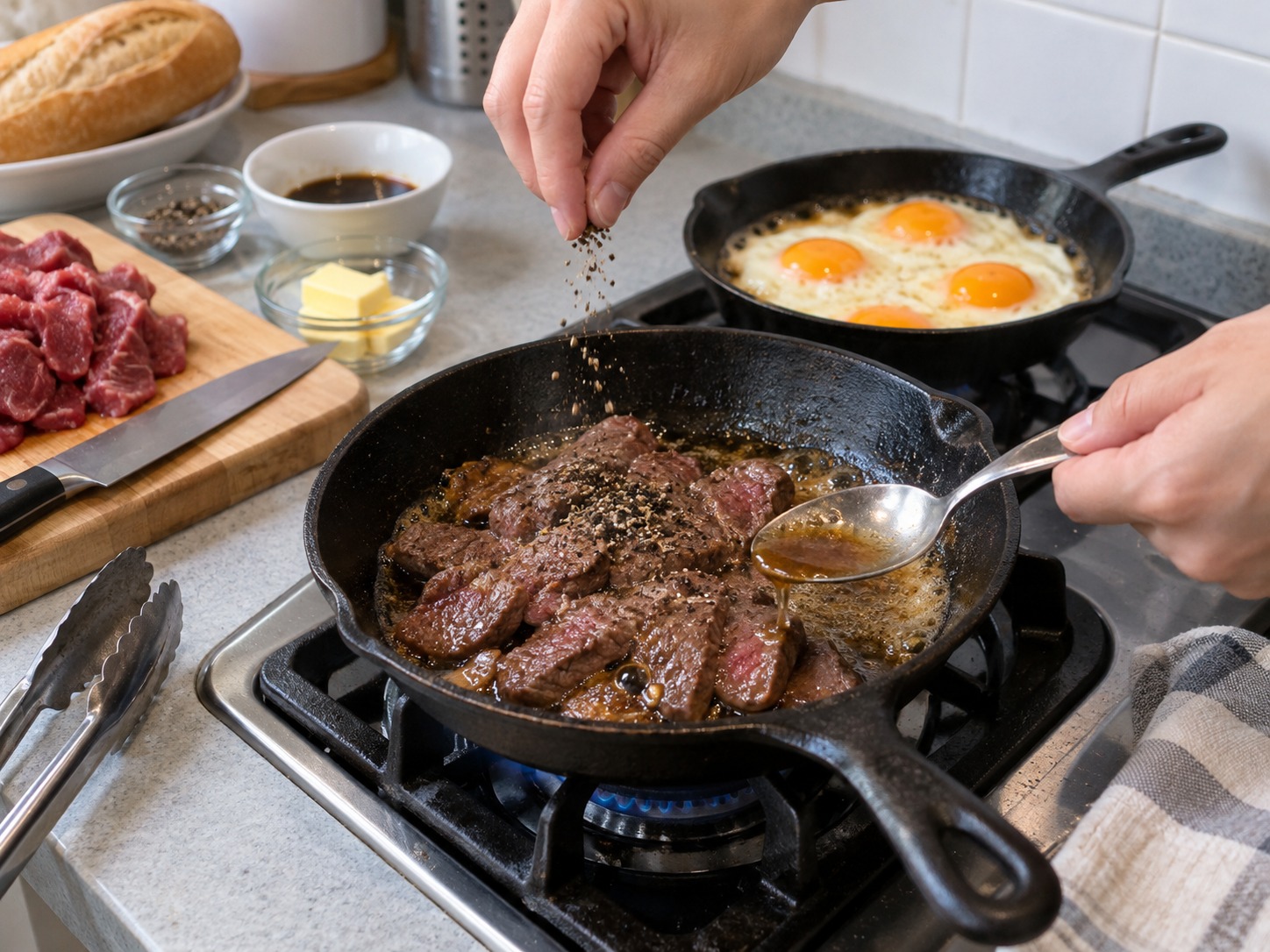 越南家常鐵板牛肉煎蛋 Bò Né — 牛肉撒餘下黑胡椒,將鍋內肉汁淋回牛肉