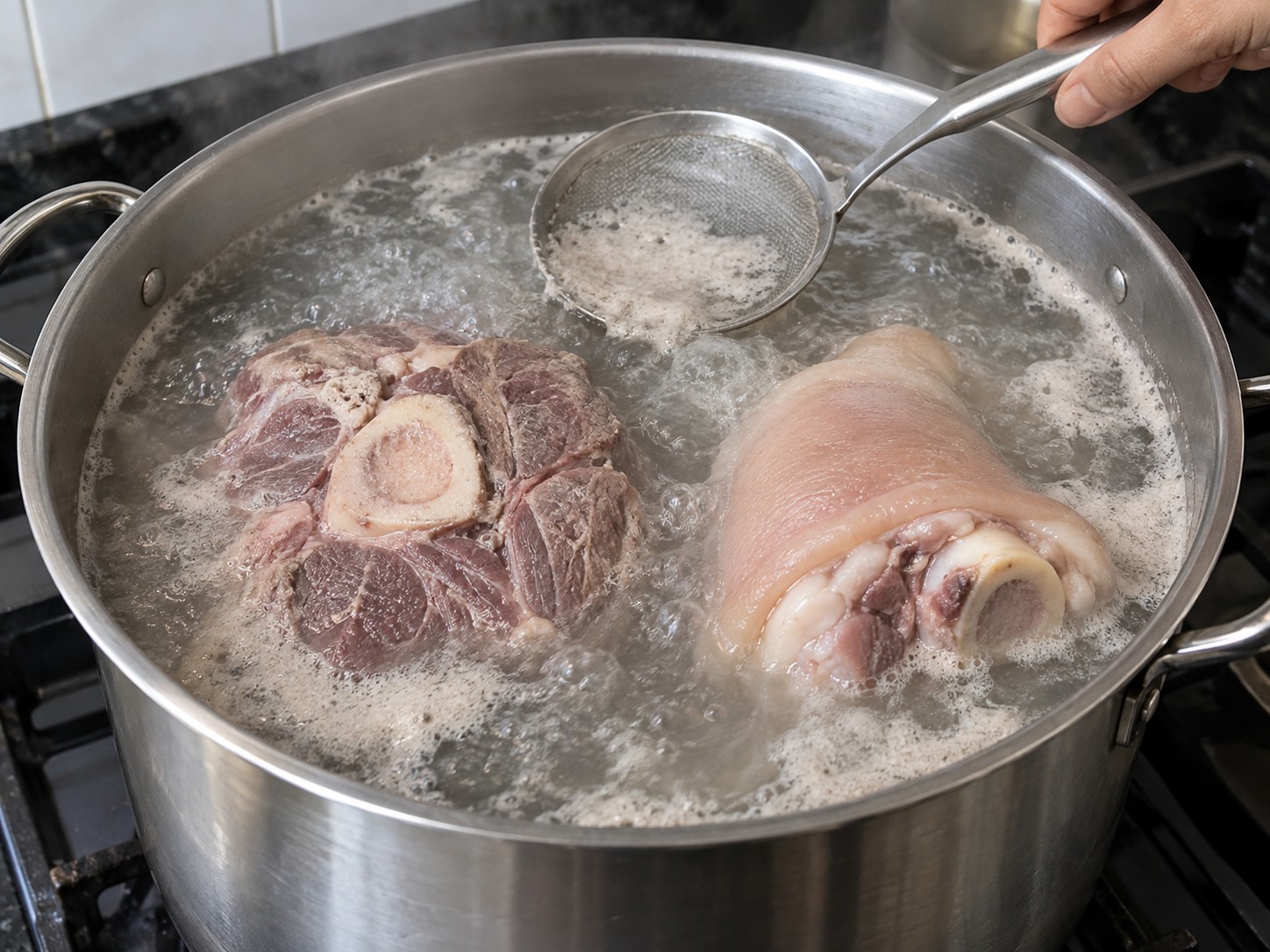 Bun Bo Hue Vietnam — 1. Rebus betis sapi dan daging babi dalam air mendidih selama 5 meni