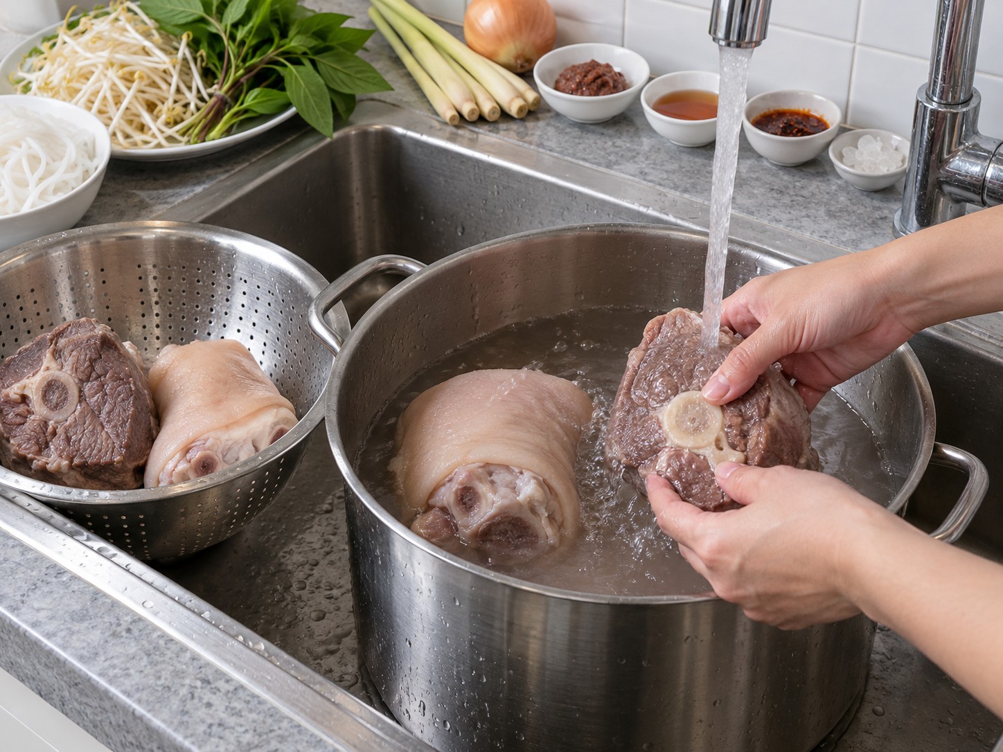 Bun Bo Hue Vietnam — 2. Bilas daging dan panci hingga bersih untuk menghilangkan buih.