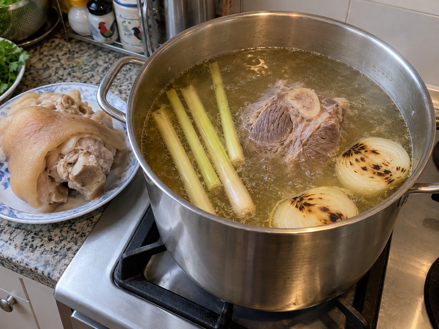 Bun Bo Hue Vietnam — 7. Lanjutkan merebus betis sapi hingga empuk, sekitar 45 menit lagi.