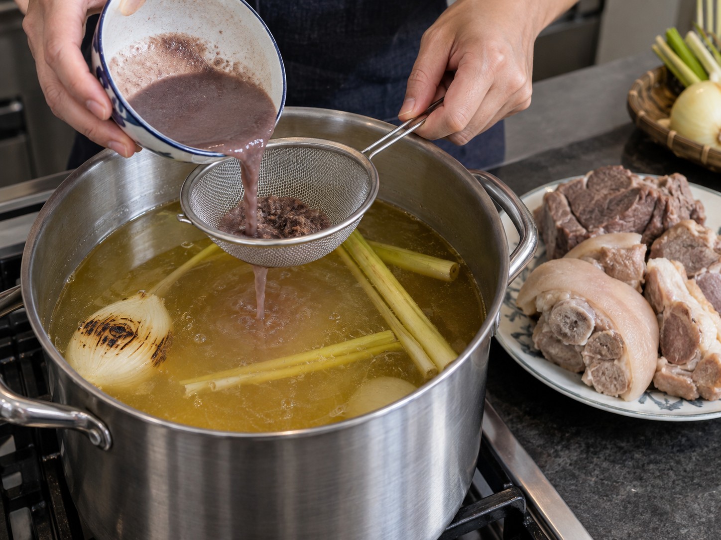 Bun Bo Hue Vietnam — 8. Larutkan terasi dalam sedikit kaldu panas, saring dan tambahkan k