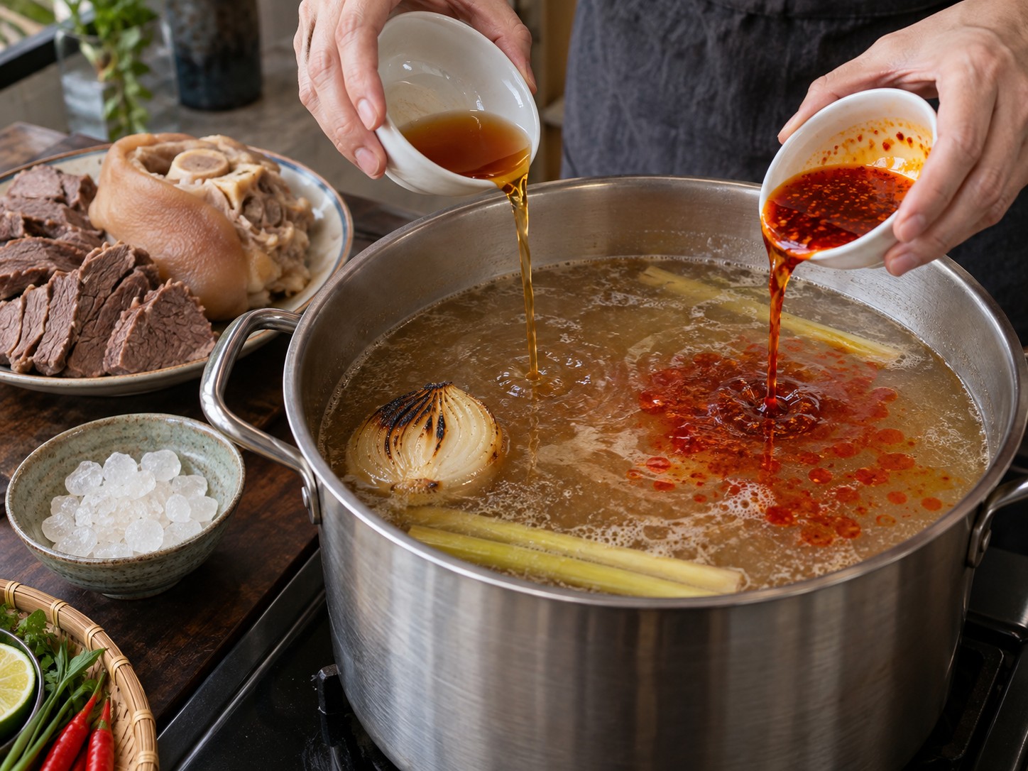 Bun Bo Hue Vietnam — 9. Bumbui kaldu dengan kecap ikan, gula batu, dan minyak cabai