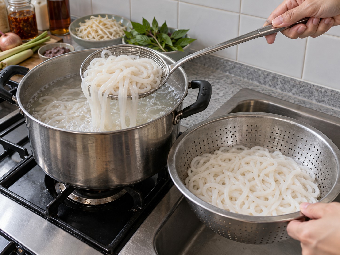 Bun Bo Hue Vietnam — 10. Masak bihun secara terpisah sesuai petunjuk, lalu tiriskan.