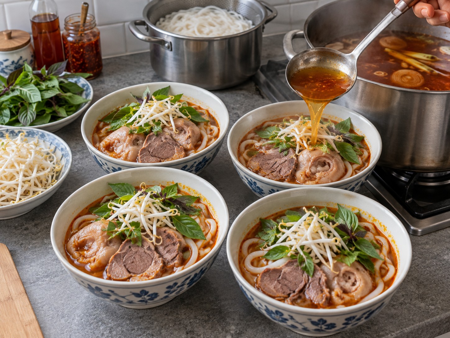 Bun Bo Hue Vietnam — 12. Bagi mie dan daging ke dalam mangkuk, masukkan ke dalam kaldu pan