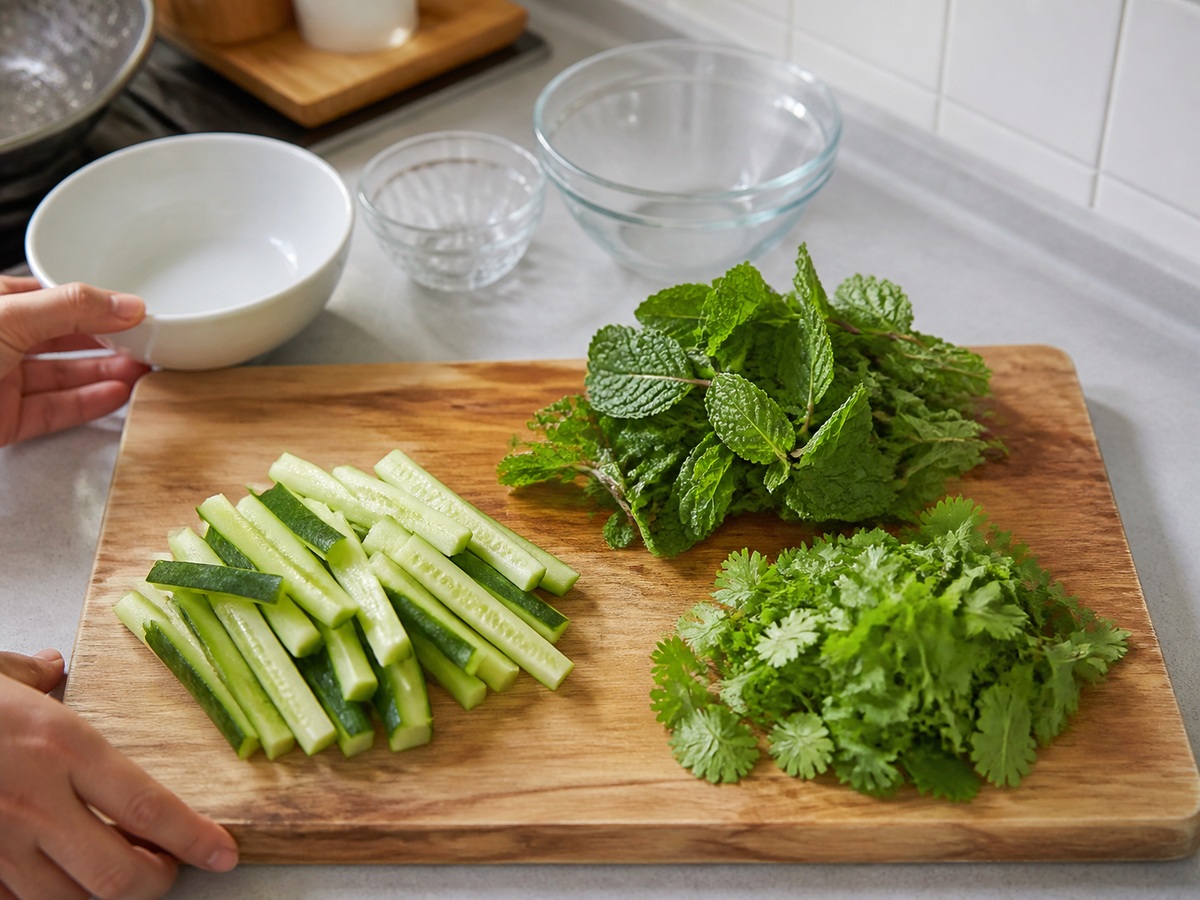 越式烤豬肉米線: 準備香草青瓜
