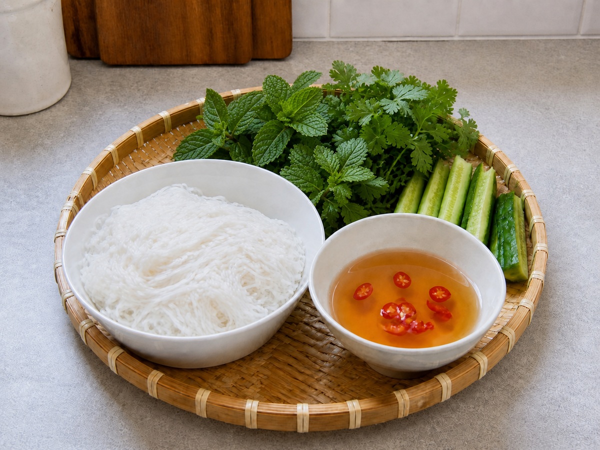 越式烤豬肉米線: 分盤擺放米線配菜