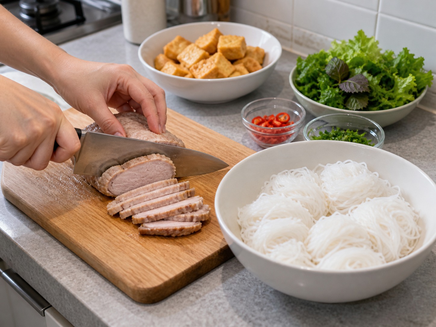 越式炸豆腐米線拼盤 — 切肉理米線