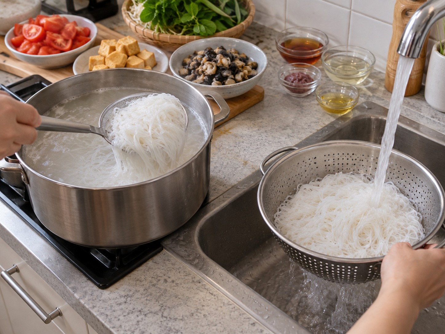 Lutong-Bahay na Bún Ốc na Sabaw ng Kuhol at Kamatis — Lutuin nang hiwalay ang vermicelli, banlawan sa malamig, at patuluin