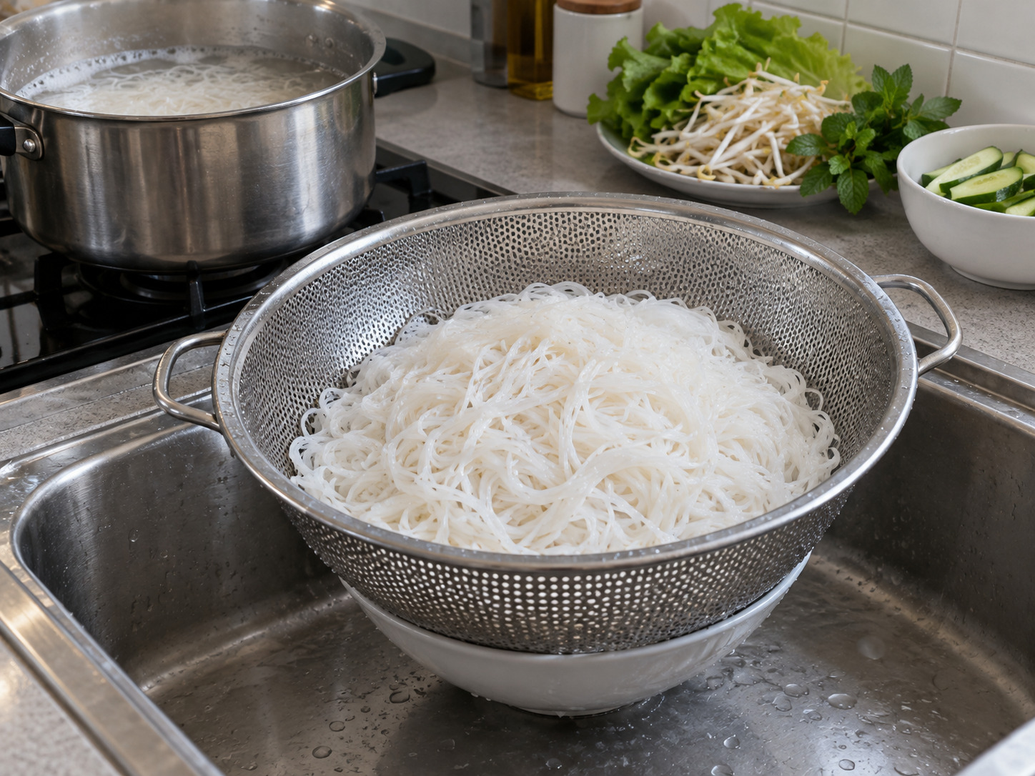 越南烤肉米粉 — 米粉按包裝煮熟並瀝乾