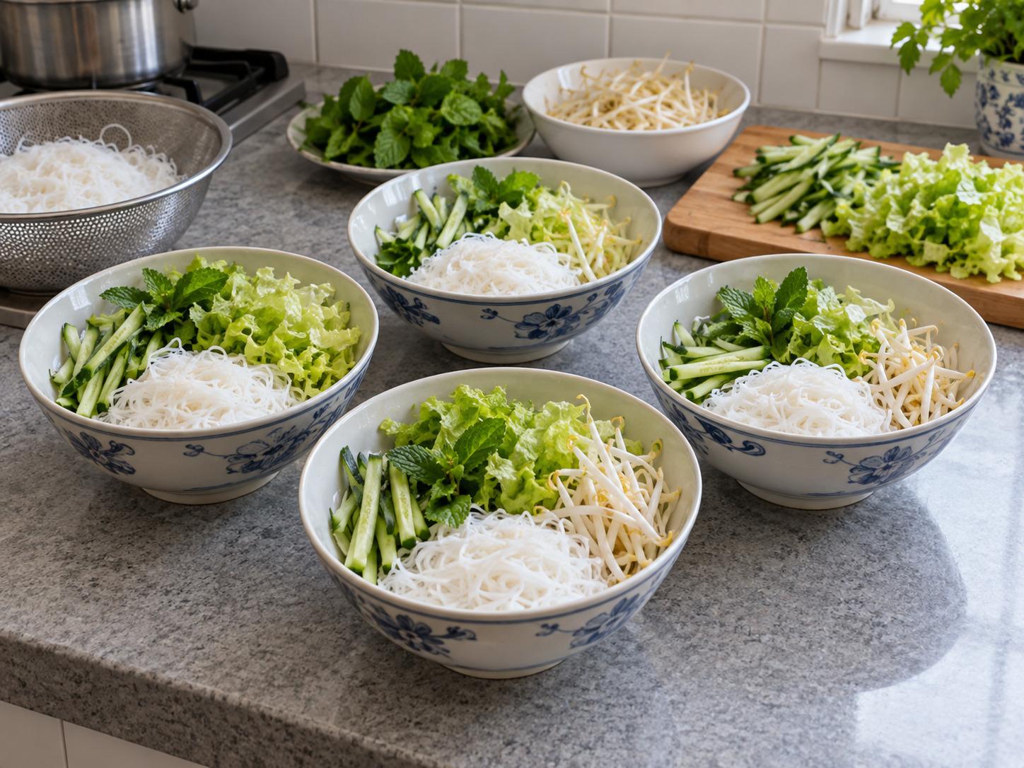 越南烤肉米粉 — 碗中分放米粉、生菜、青瓜和豆芽