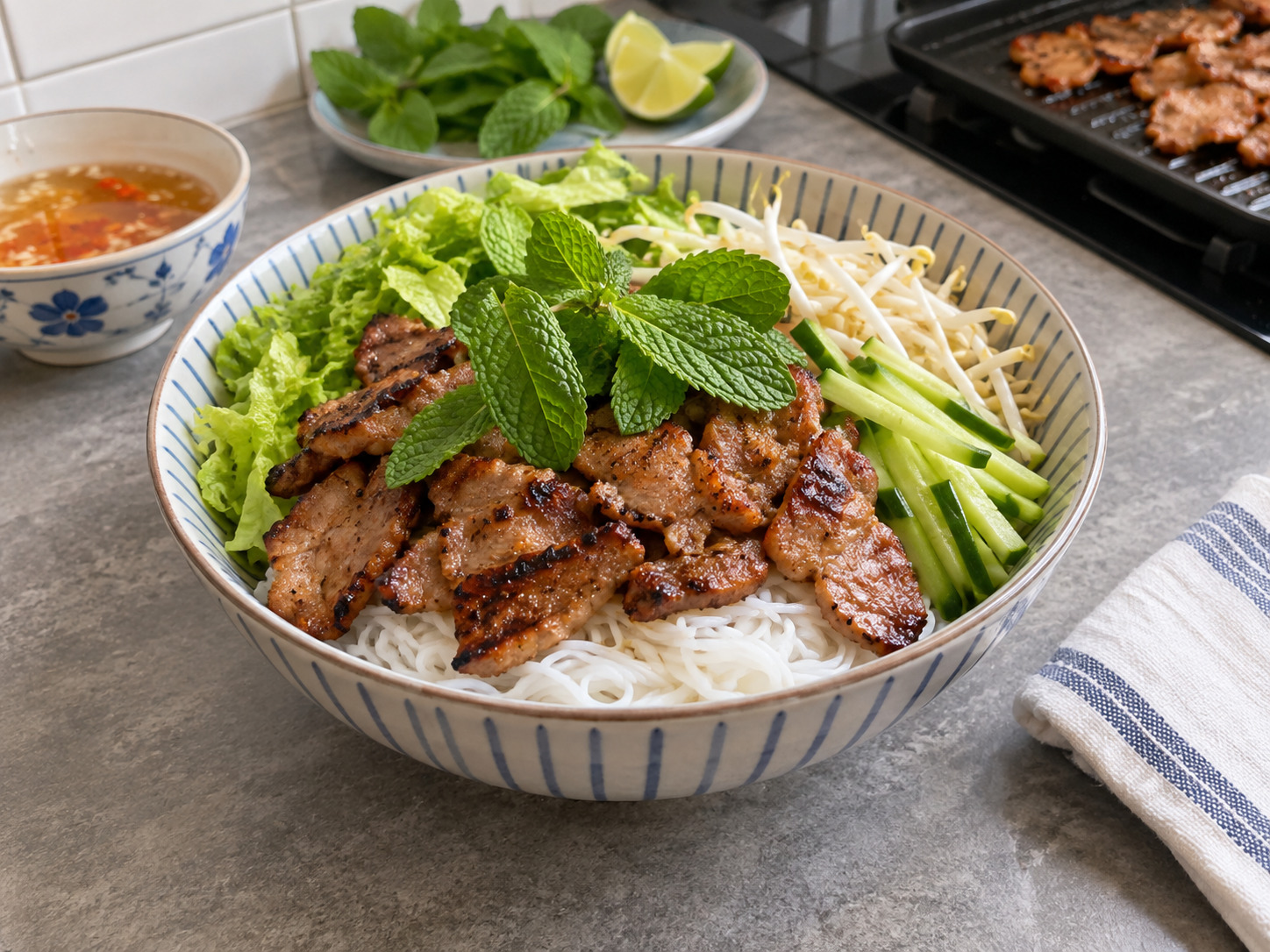 越南烤肉米粉 — 放上熟豬肉及薄荷,淋汁即食