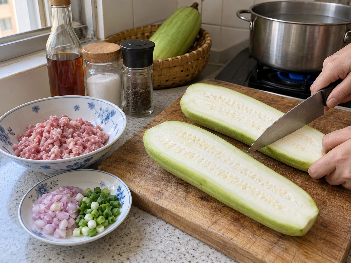 越式蒲瓜肉碎清湯 — 縱切開半