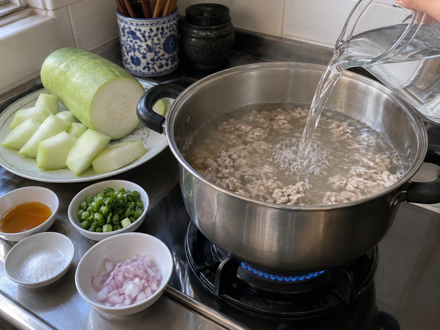越式蒲瓜肉碎清湯 — 加水煮滾