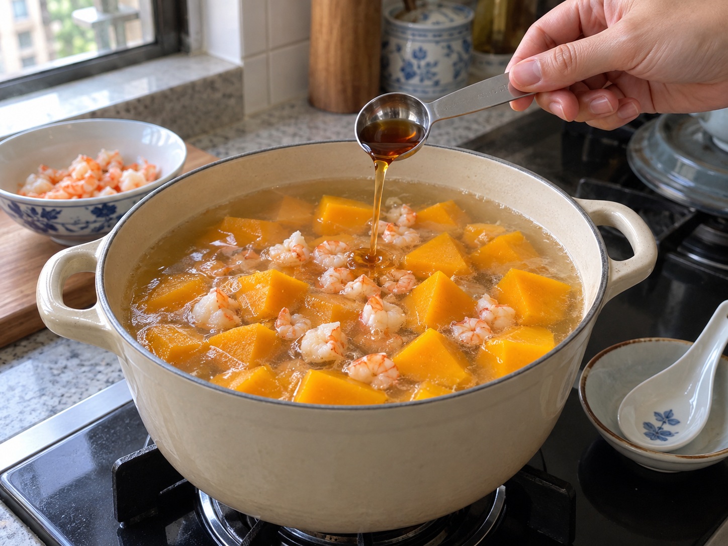 Vietnamese Pumpkin Shrimp Soup — Ayusin ang lasa ng sabaw