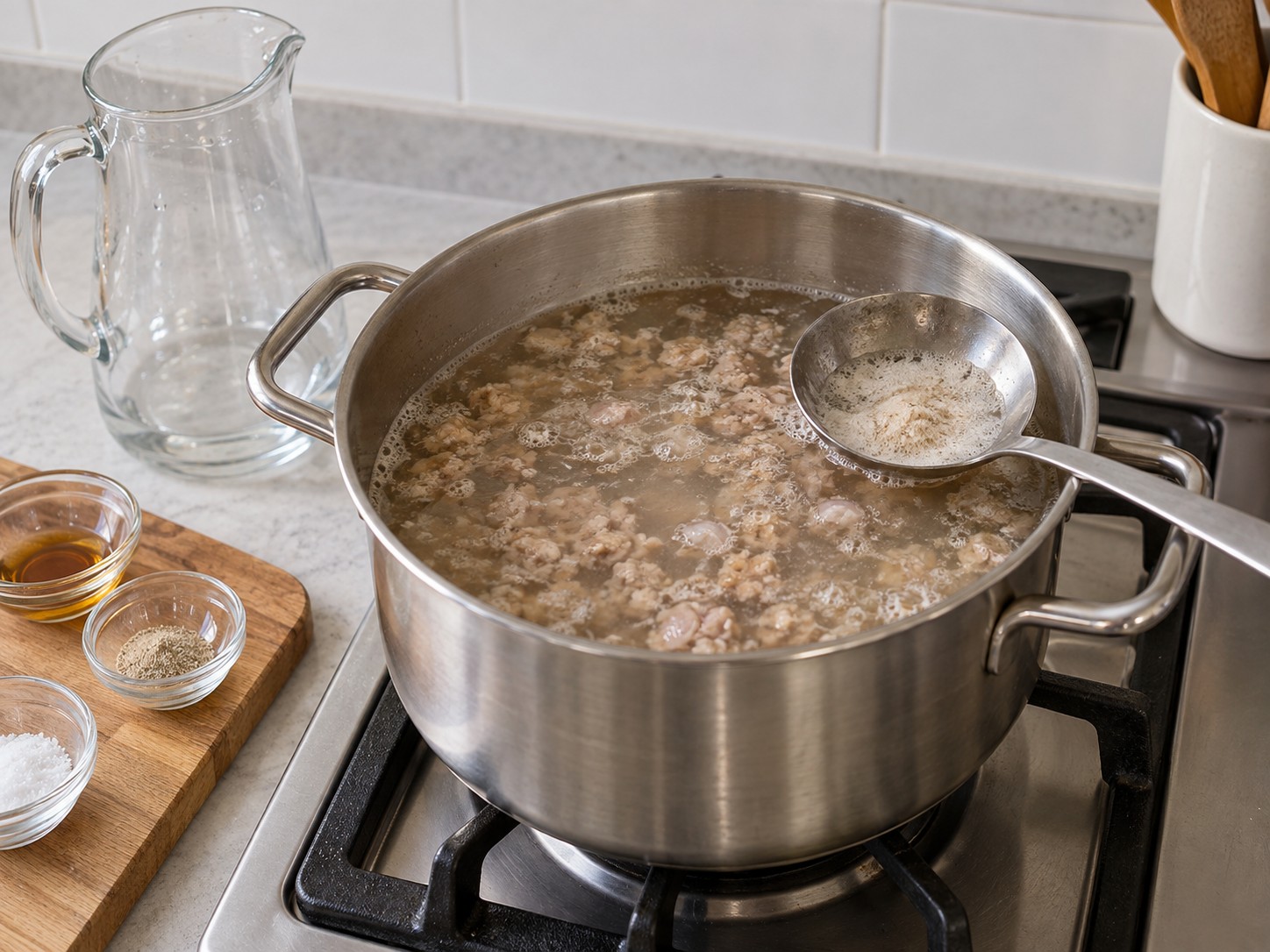 越式甜葉菜肉碎湯 — 8. 加入清水,煮沸後撇去表面浮沫。