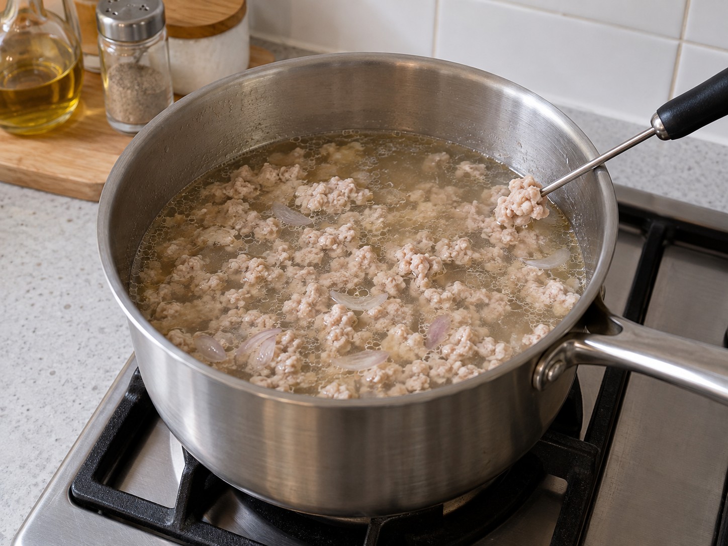 越式甜葉菜肉碎湯 — 9. 轉中小火煮8分鐘,確認肉碎中心至少達71°C。
