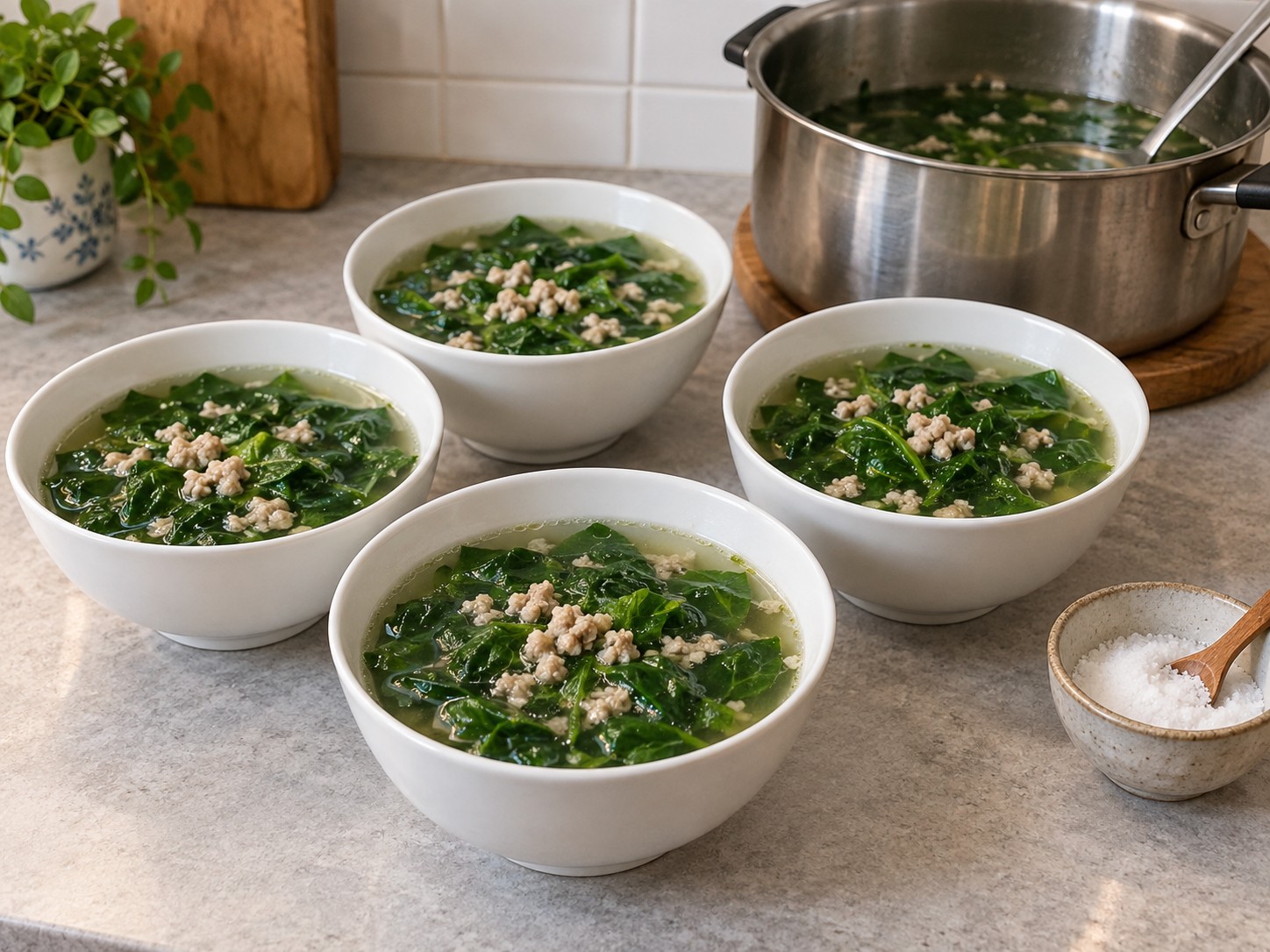 越式甜葉菜肉碎湯 — 12. 試味後按需少量加鹽,把煮熟的清湯舀入碗中。