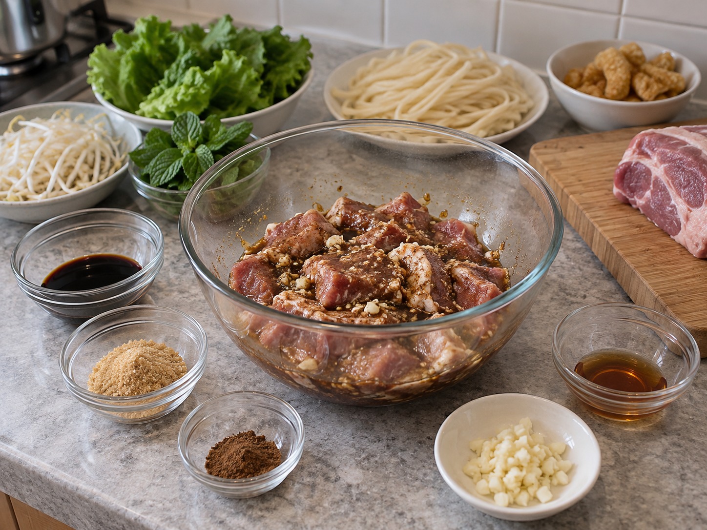 Cao Lau Hoi An — Marinasi babi dengan kecap, gula, bawang dan rempah