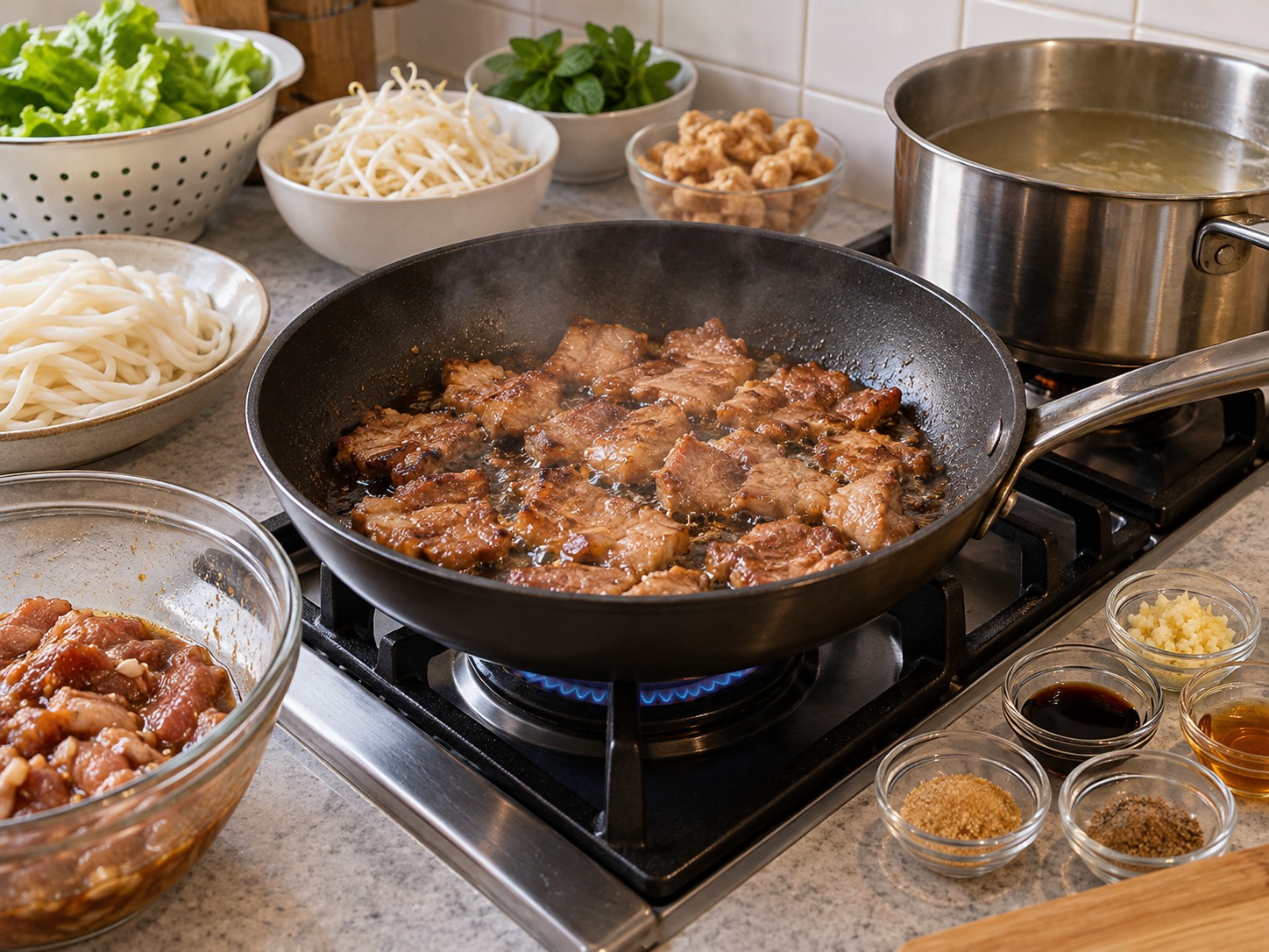 Cao Lau Hoi An — Panaskan wajan lalu masak babi marinasi