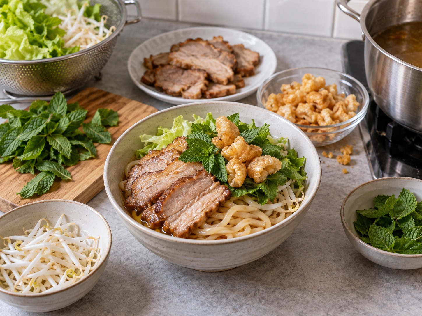 Cao Lau Hoi An — Tambahkan babi, mint dan kerupuk kulit babi