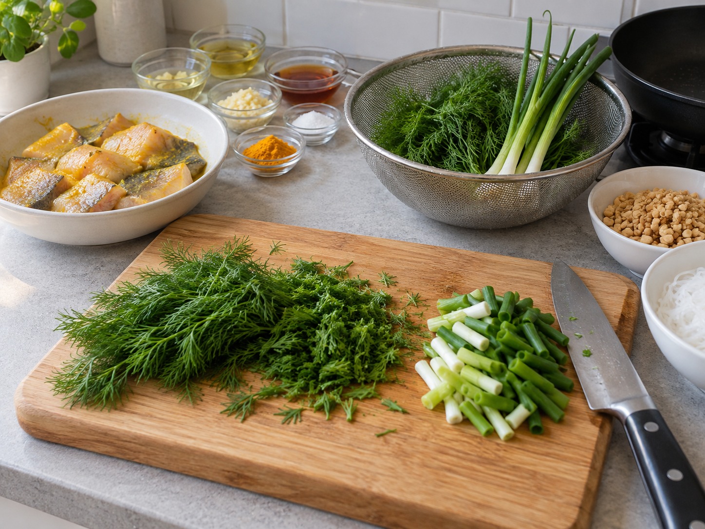 Cha Ca La Vong — Cuci dill dan daun bawang lalu potong