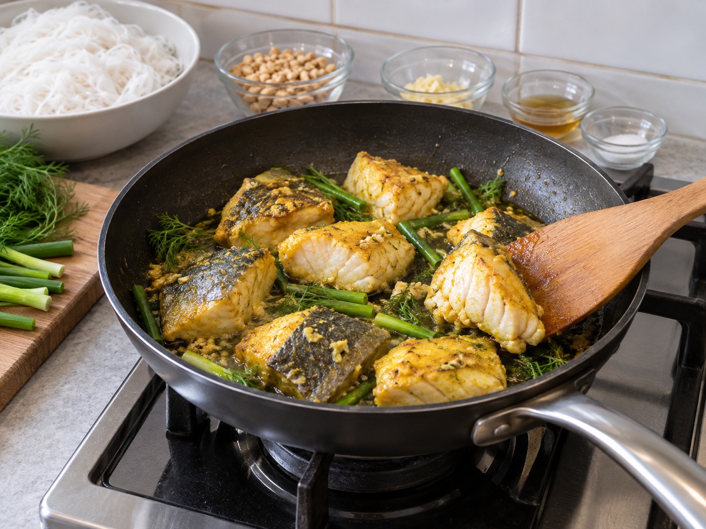 Cha Ca La Vong — Balik ikan hingga buram dan matang