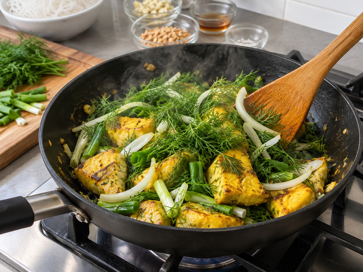 Cha Ca La Vong — Masukkan dill dan daun bawang lalu aduk cepat