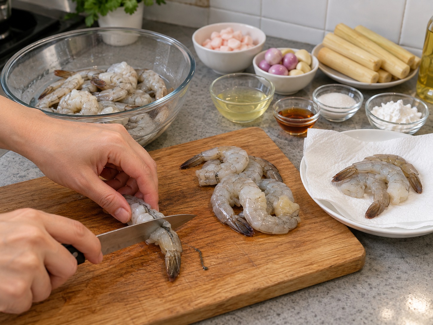 Udang Tebu Chạo Tôm Vietnam — Bersihkan usus dan keringkan udang