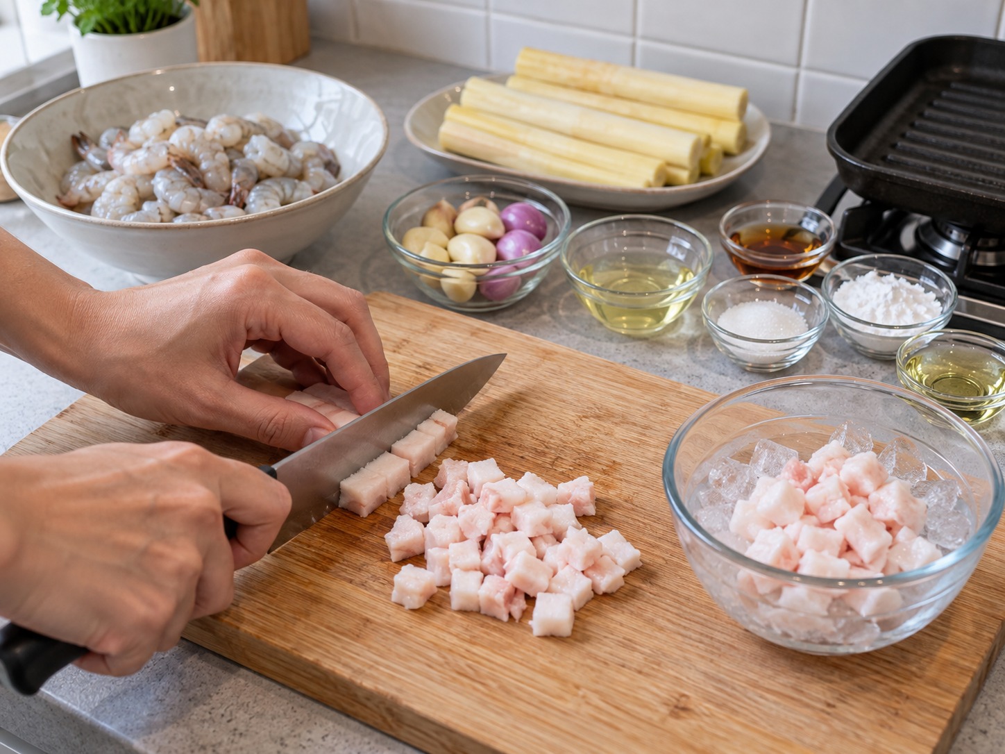 Udang Tebu Chạo Tôm Vietnam — Potong lemak babi lalu dinginkan