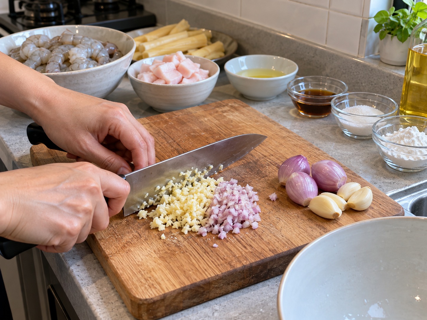 Udang Tebu Chạo Tôm Vietnam — Cincang bawang putih dan bawang merah
