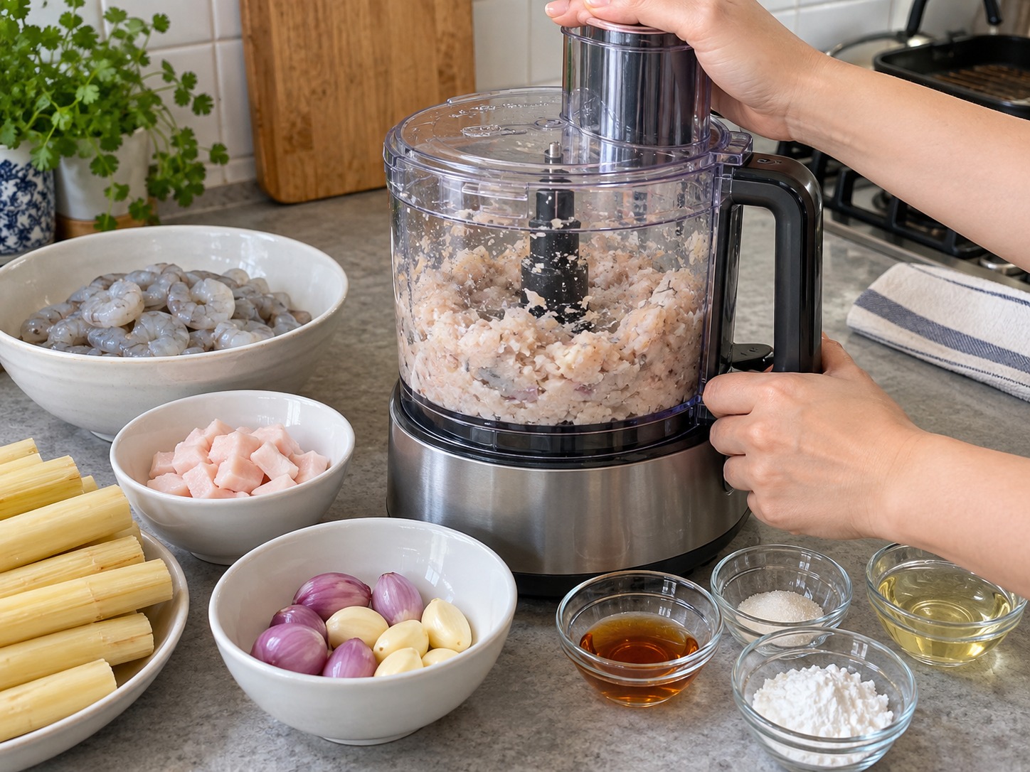 Udang Tebu Chạo Tôm Vietnam — Proses udang, lemak, dan aromatik menjadi pasta kasar