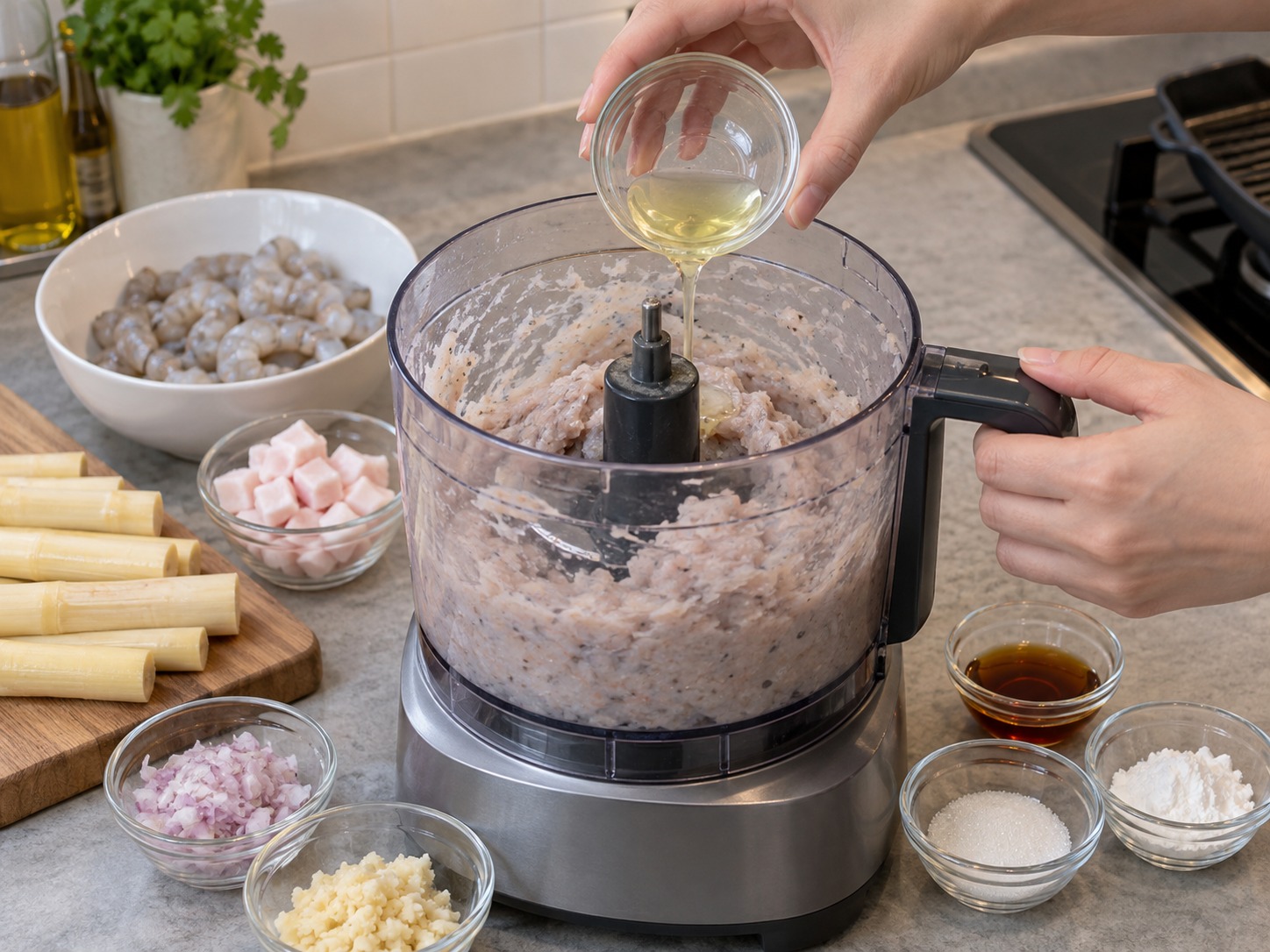 Udang Tebu Chạo Tôm Vietnam — Tambah putih telur, kecap ikan, gula, dan pati hingga lengket