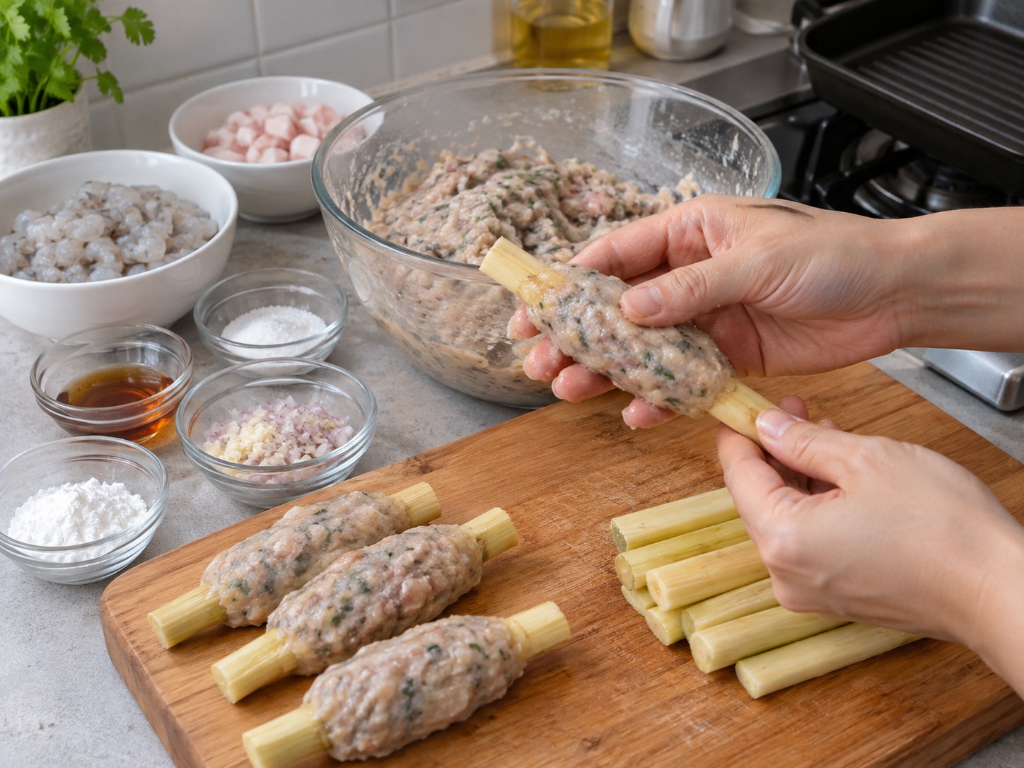 Udang Tebu Chạo Tôm Vietnam — Balut tiap bagian pada batang tebu