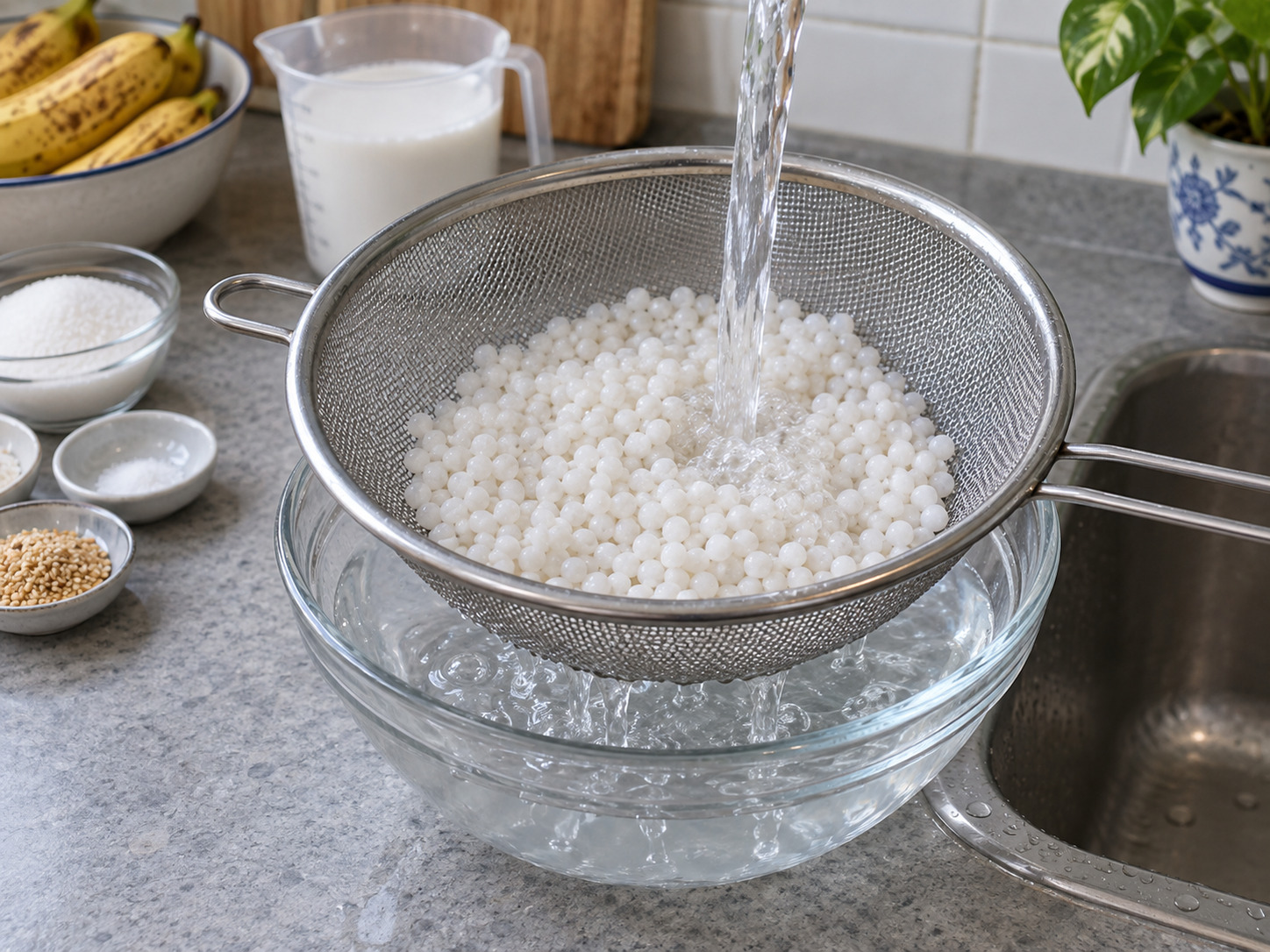 Vietnamese Che Chuoi Banana Coconut Dessert — Rinse tapioca pearls briefly