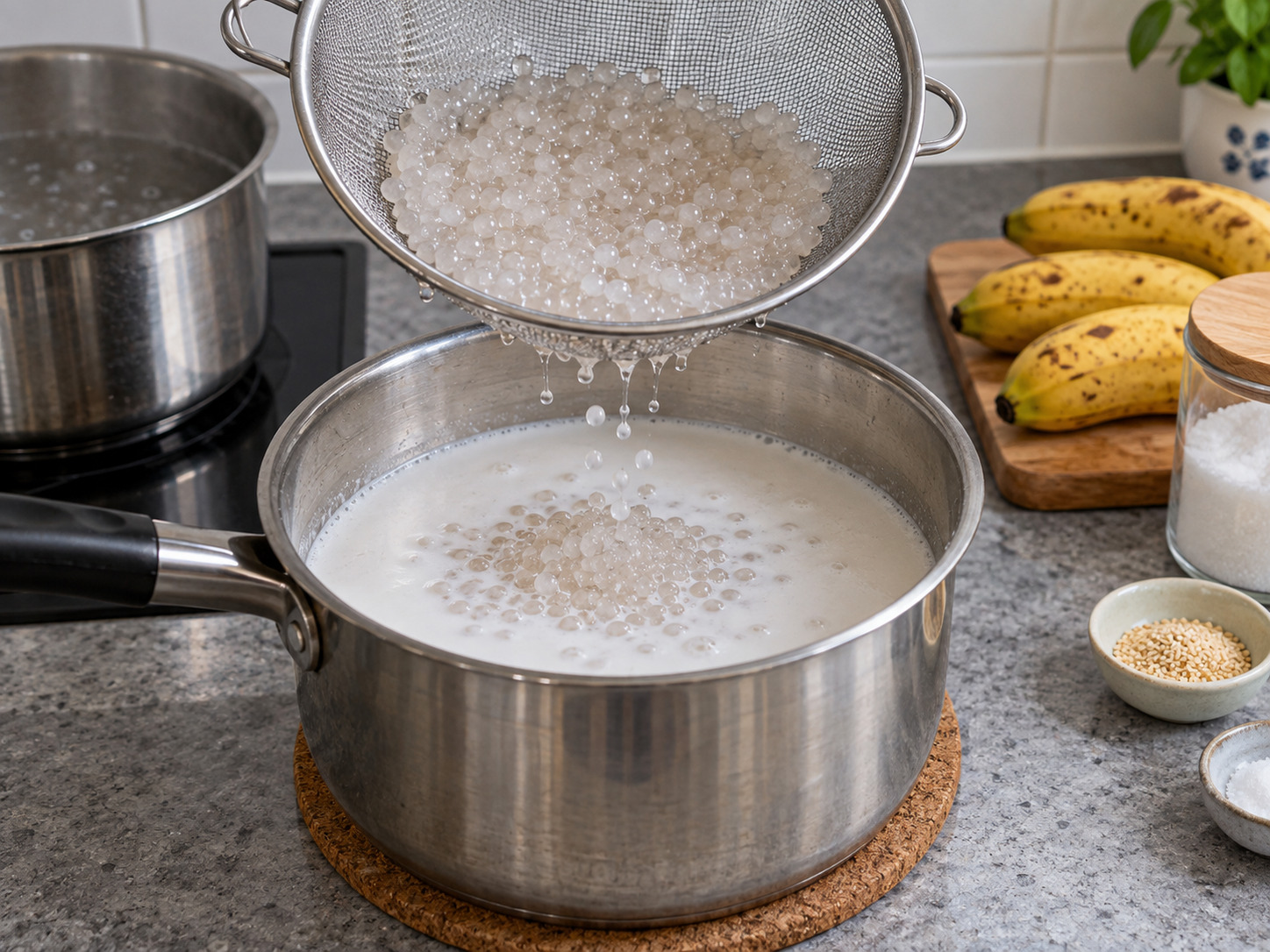 Vietnamese Che Chuoi Banana Coconut Dessert — Drain tapioca and add to coconut milk