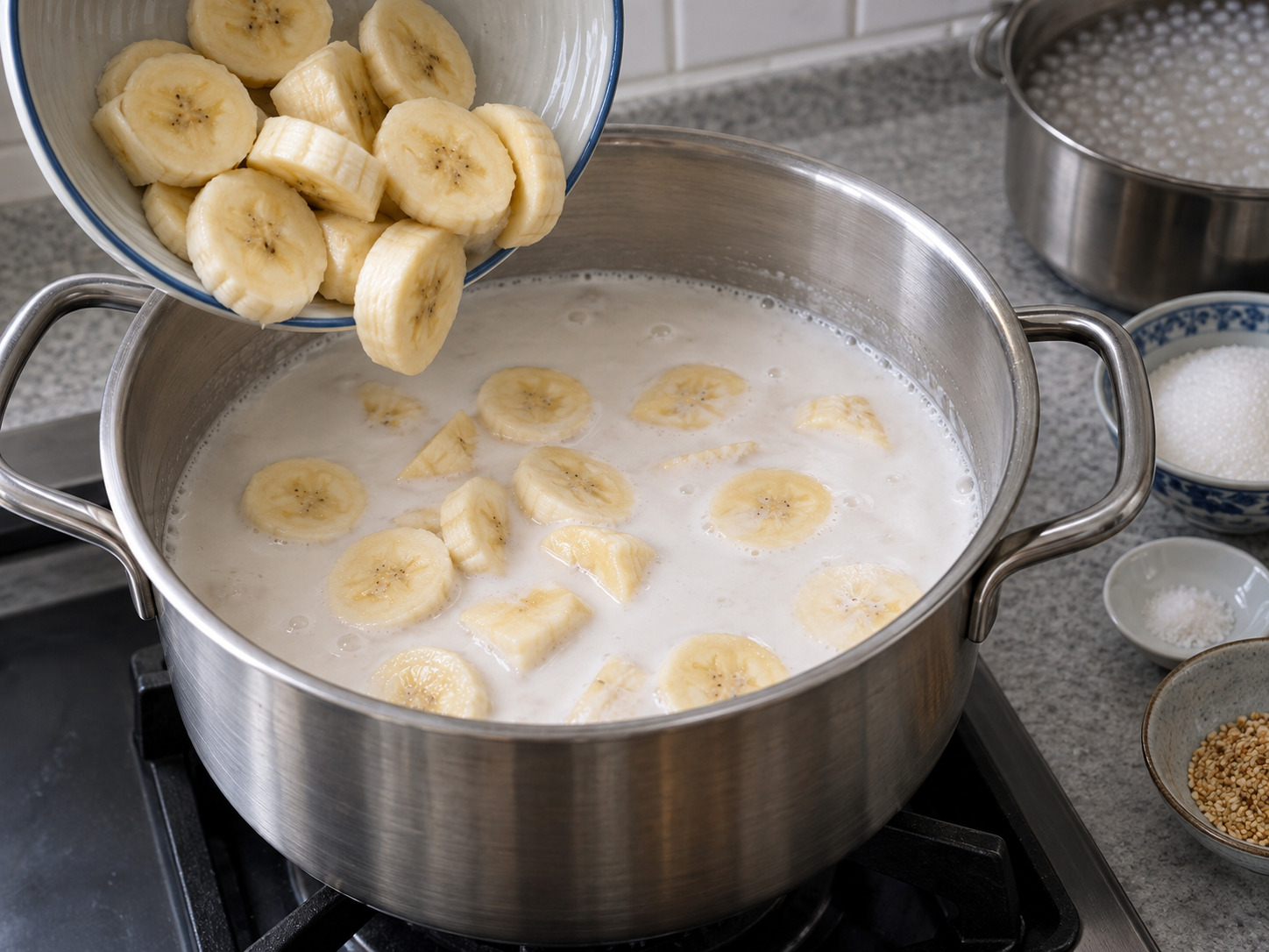 Vietnamese Che Chuoi Banana Coconut Dessert — Add sliced bananas to coconut milk