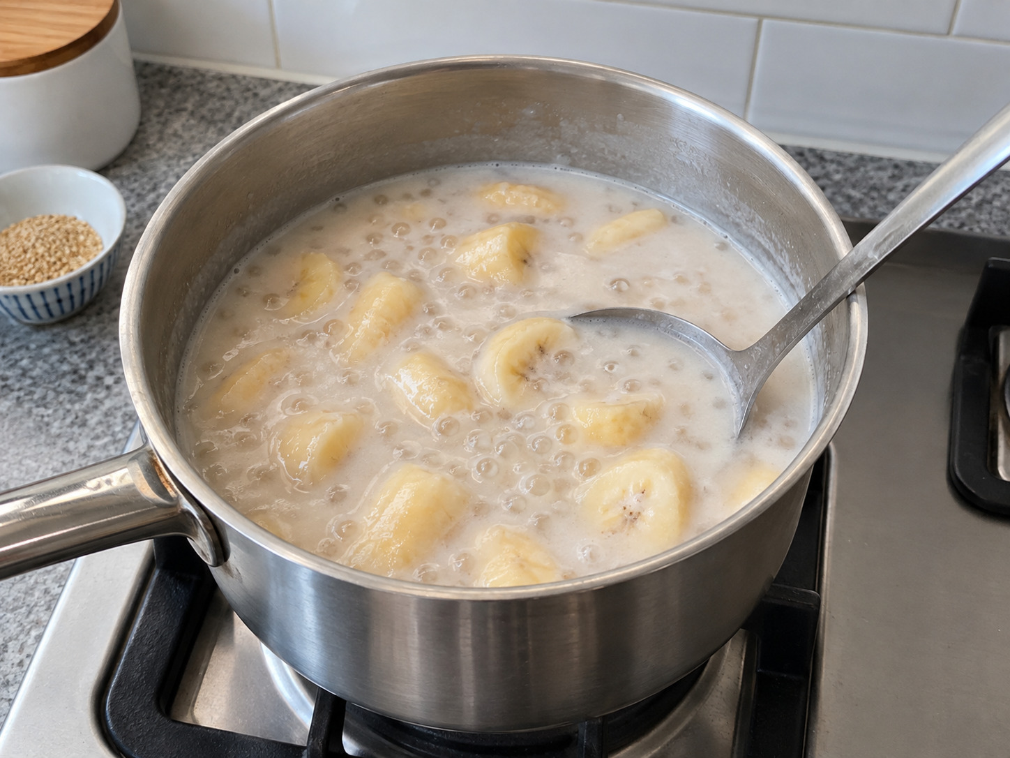 Vietnamese Che Chuoi Banana Coconut Dessert — Avoid crushing banana; taste sweetness