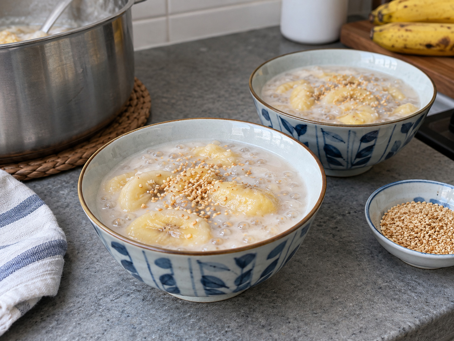 Vietnamese Che Chuoi Banana Coconut Dessert — Serve in bowls with sesame, warm or cooled