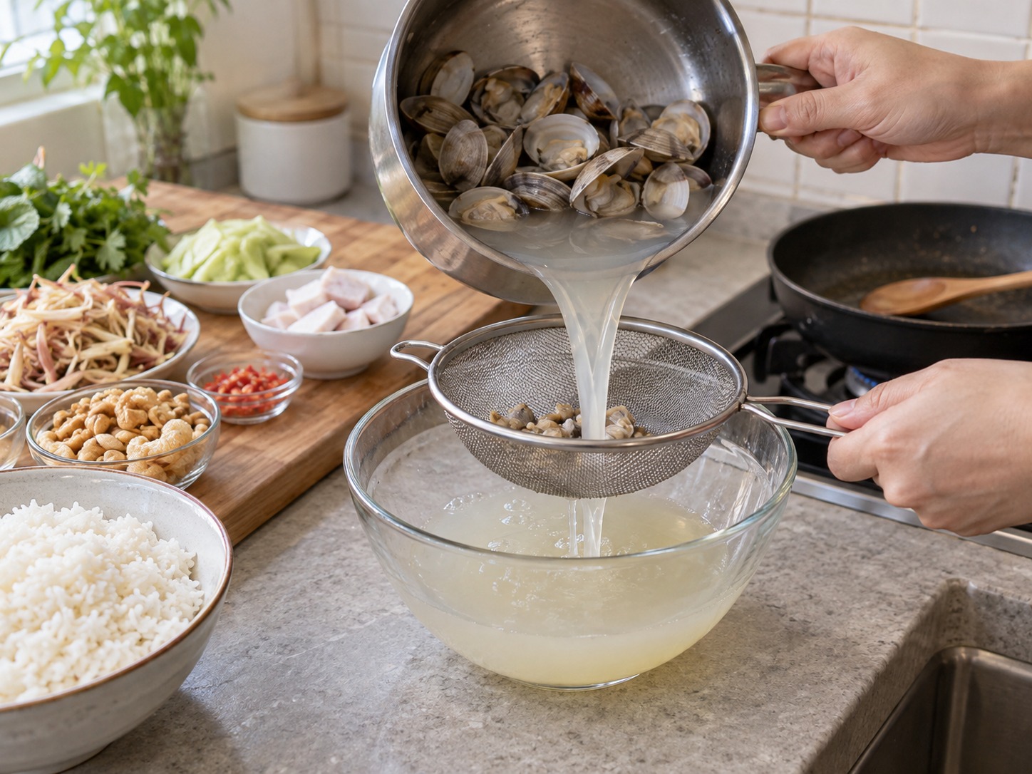 Vietnamese na Cơm Hến na Kanin at Halaan — Salain ang sabaw sa pinong salaan