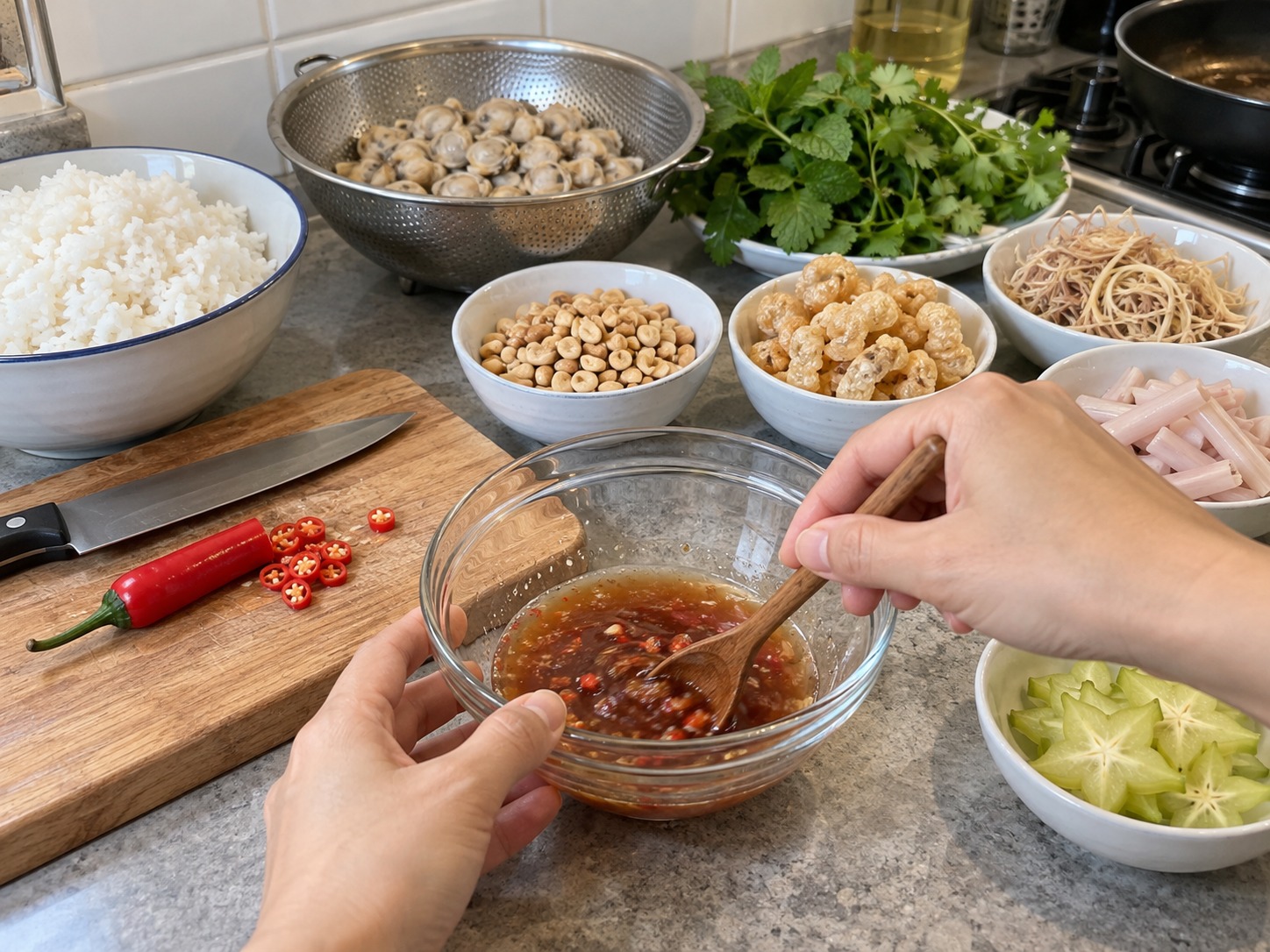 Vietnamese na Cơm Hến na Kanin at Halaan — Paghaluin ang patis, bagoong, at sili bilang sarsang panimpla