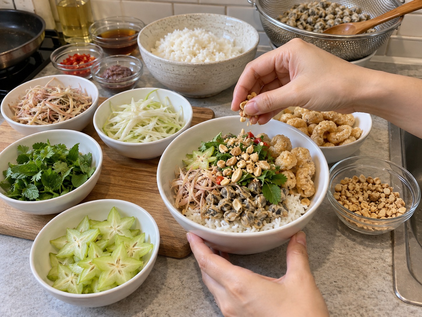 Vietnamese na Cơm Hến na Kanin at Halaan — Ipatong-patong sa mangkok ang kanin, halaan, puso ng saging, tangkay ng gabi, balimbing, sariwang dahon, mani, at malutong na balat ng baboy